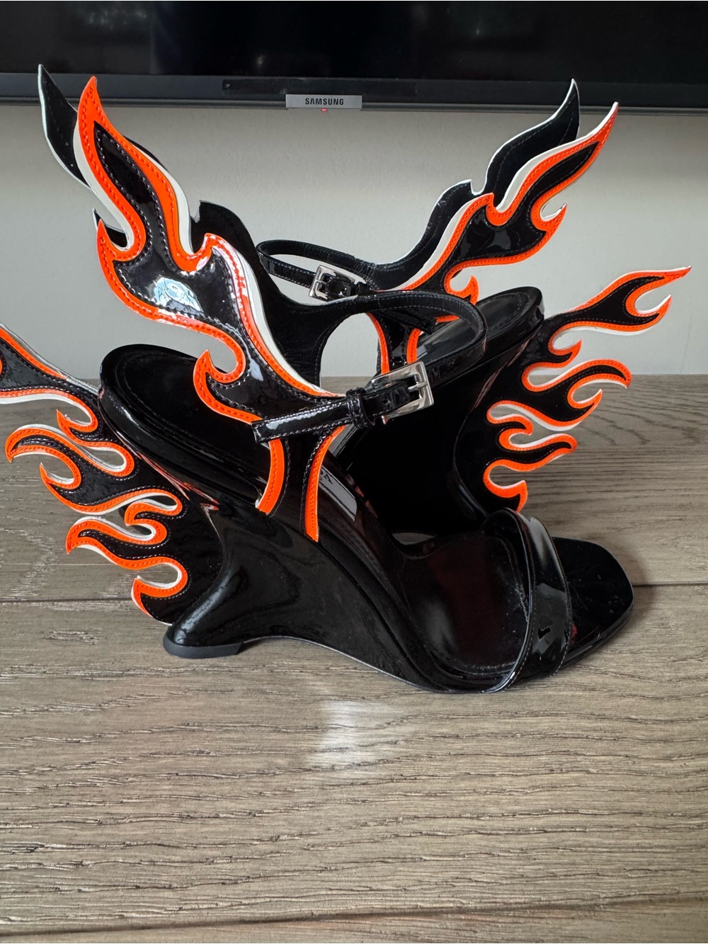 Prada Black Patent Wedge Sandals with Orange Flame Accents